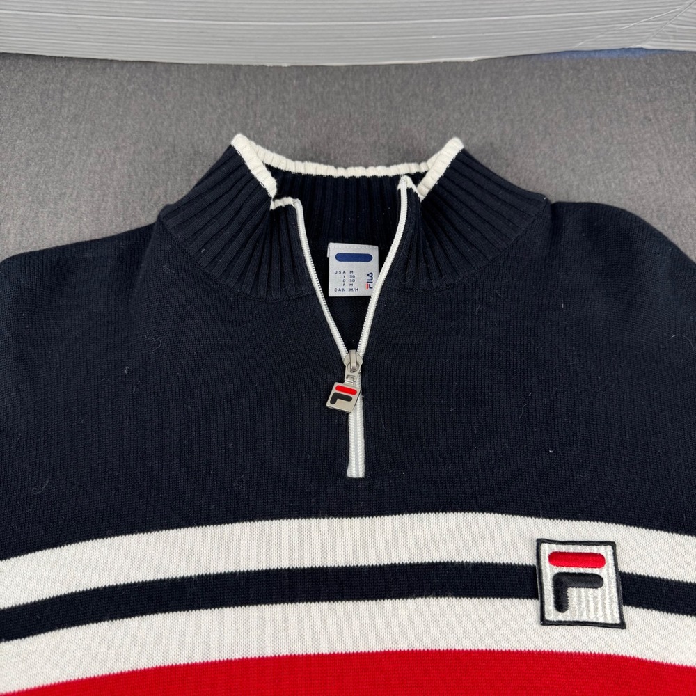 Fila Mens Quarter Zip Striped Knit Sweater Navy White Red Italian Flag Patch M